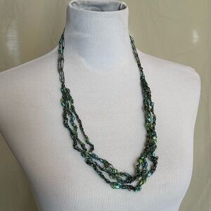 Lightweight Green Ribbon Embroidered Thread Necklace handmade sparkly adjustable